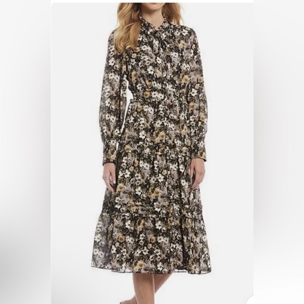 Antonio Melani Floral Printed Angie  Long Sleeve  Ruffle Midi Dress Size 0 NWT